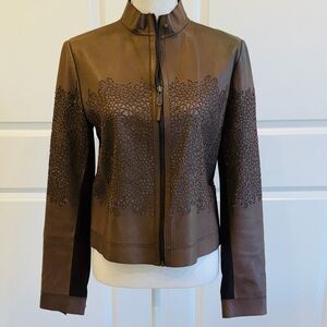 Elie Tahari Brown Faux Leather Jacket with Laser Cut Design